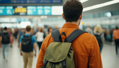 Young traveler looking at the airport departure board