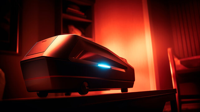 shadowed space, projector emits brilliant blue beam amidst crimson ambient hues, evoking sense cutting-edge technology.cinematic sleek, cozy atmosphere, suggesting innovation in smart home multimedia.