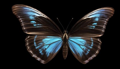 Blue and black morpho butterfly with open wings isolated on black