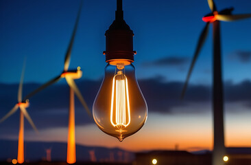 Electric incandescent lamp on the background of wind farms