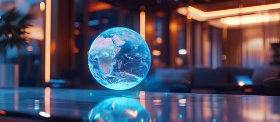 Experience the Future of Business - A Modern Office Space Illuminated by Soft Blue Lighting, Featuring a Detailed Globe Hologram Floating Above a Sleek Glass Desk, Reflecting Innovation