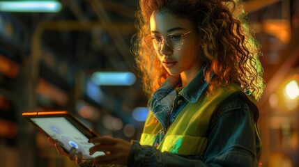Concentrated Young Woman with Curly Hair Using a Digital Tablet in Industrial Warehouse Setting