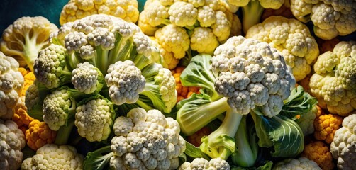 a bunch of broccoli and cauliflower are piled up in a pile on top of each other. - obrazy, fototapety, plakaty