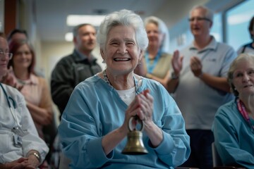 Joyful Woman in Chemotherapy Treatment Celebrating with Ceremonial Bell Ring Alongside Nurse and Supporters