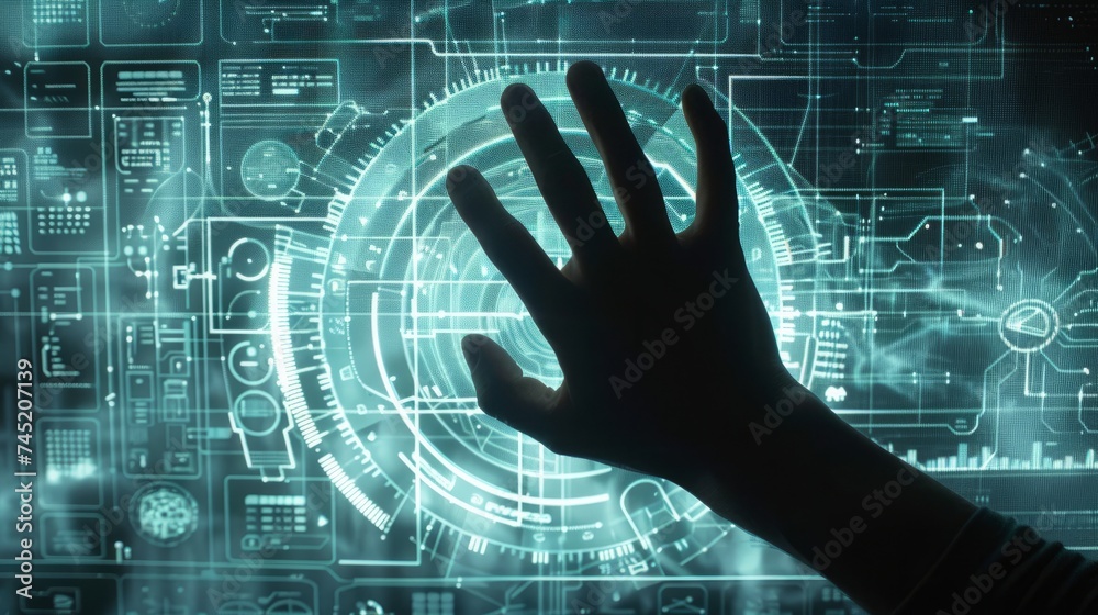 Poster silhouette of a hand touching a high-tech screen with complex graphical user interface elements and 