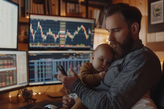 Man Using Smartphone to Check Currency Trading Charts While Holding Baby in Home Office