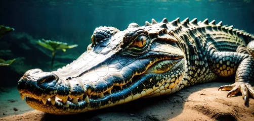 Foto op Canvas a close up of an alligator laying on a rock in a body of water with a plant in the background. © Albert