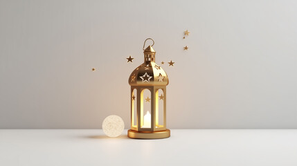 3d rendering of golden lantern with moon and stars on white background