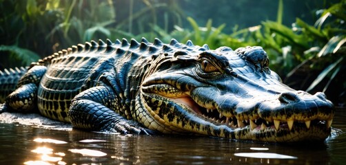 Fototapeta premium a close up of a large alligator in a body of water with trees in the back ground and plants in the background.