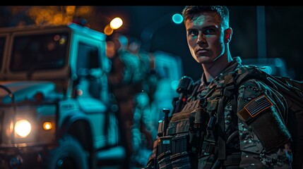 Fototapeta premium Military man on duty nighttime portrait. soldier in uniform during operation. cinematic style, heroic stance. army mission theme. AI