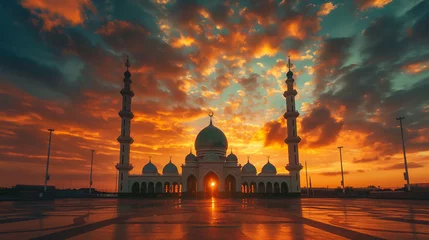 Foto auf Glas Sunset over Sheikh Zayed Grand Mosque in Abu Dhabi, United Arab Emirates © Drap
