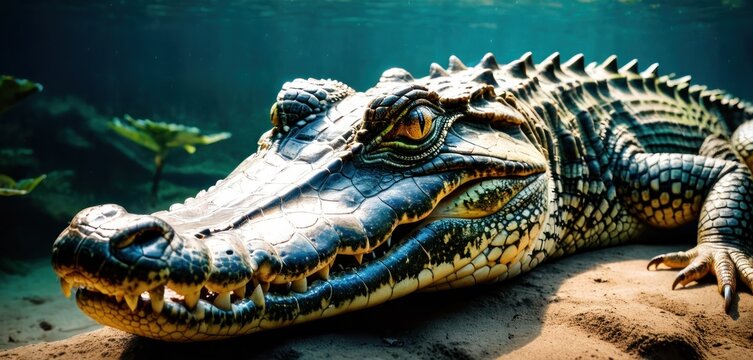 a close up of an alligator laying on a rock in a body of water with a plant in the background.