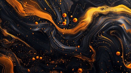 An abstract wallpaper design featuring a black and gold theme, with swirling golden patterns and floating orange particles. Rich, elegant, and visually striking, AI Generative