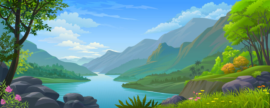 A beautiful serpentine river flowing across a mountainous landscape.