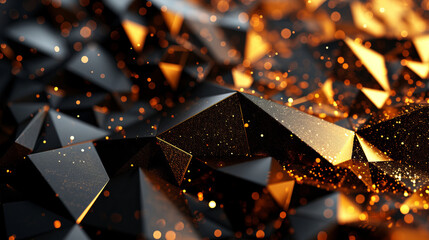 An opulent black and gold wallpaper, featuring a blend of geometric gold shapes and abstract orange particles A fusion of modern art and classic luxury Created Using Opulent design, AI Generative