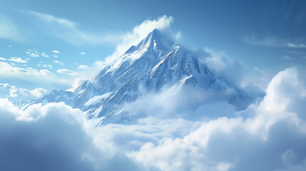 An ultra-realistic depiction of a majestic snowy peak piercing through thick clouds, set against a striking deep blue sky Focus is on the play of light and shadow on the snow's, AI Generative - obrazy, fototapety, plakaty