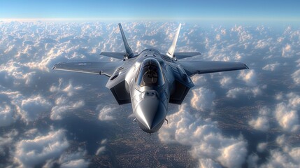 An overhead view of an F35 flying in the sky with clouds and a cockpit visible ,HDR, HD, Photo Realistic,Exta Detail, Colourful, AI Generative
