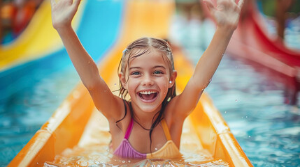 happy girl going dawn on the water slide outdoor at the aqua park. Girl on slide at water park....