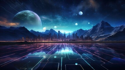 Surreal Planetary Vista. A fantastical landscape with oversized planets hovering over an illuminated futuristic cityscape.
