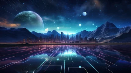 Foto op Plexiglas Surreal Planetary Vista. A fantastical landscape with oversized planets hovering over an illuminated futuristic cityscape. © banthita166