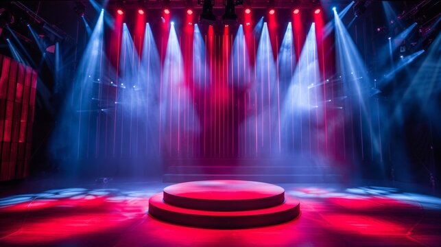 Before the curtain rises, an empty stage under the spotlight awaits its performers. A red round podium sits boldly on a brightly lit background, creating a striking contrast, AI Generative