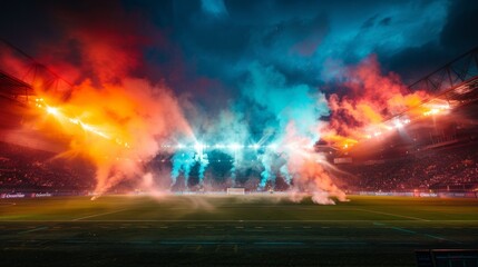 Bright lights, smoke veil, stadium's night drama, vivid and pulsating energy, AI Generative