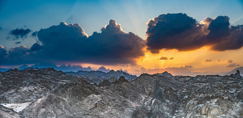 Scenic wide Sunset panorama over Red Sea Hills mountain chain. Very sharp mountain peaks, close up...