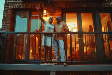Joyful African American Senior Couple Dancing and Laughing Together on a Home Balcony