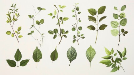 Craft a serene watercolor collection of vintage leaves and branches, meticulously illustrated in varying shades of green. Position each leaf and branch artfully against a pure, AI Generative