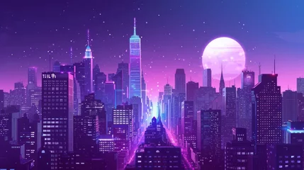Gordijnen Craft an illustration of a downtown cityscape at twilight, where the sky and urban lights merge into a harmonious purple hue. Employ a comic halftone design for a retro touch, AI Generative © sorapop