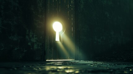 Create a striking image of intense white light piercing through the darkness via a keyhole, symbolizing the sudden onset of an idea or the awakening of hope. The contrast between, AI Generative