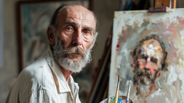 Portrait eines Malers vor seinem gemalten Selbstbildnis auf einer Staffelei in seinem Atelier