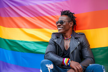 Happy African American Gay Man Over a LGBTI Flag Smiling. LGBTQIA+ Concept