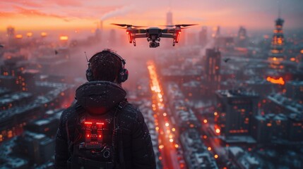 Cyber command post scene, military operator managing drone surveillance over city, intense security oversight, essence of modern warfare and surveillance, wide angle, AI Generative - obrazy, fototapety, plakaty