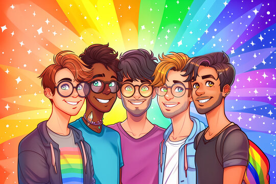 Illustration of Five Gay Men Smiling Over a Colorful Rainbow as a Background. LGBTQIA+ Concept