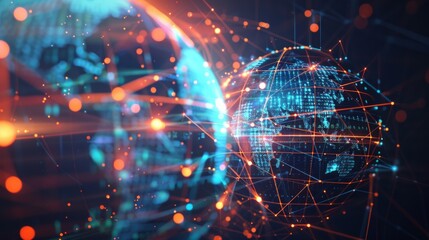 Obraz premium Design a modern digital 3D background that visually interprets the complex world of network abilities and technological processes. Use dynamic abstract patterns and vibrant digital, AI Generative