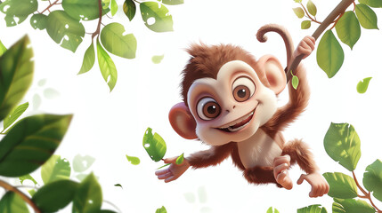 A mischievous cartoon monkey swinging from vine to vine.