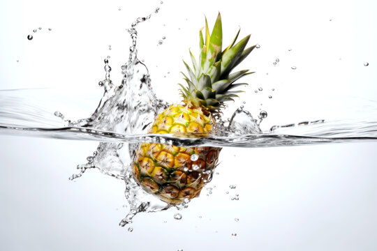 Refreshing pineapple splash. High-res image captures dynamic water dance around exotic frui