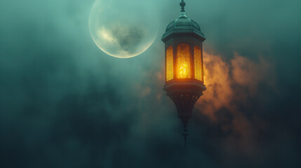 Ramadan Kareem lantern with full moon in the fog. 3d rendering