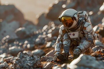 Astronaut in a Space Suit Walking on a Mars-Like Desert Landscape