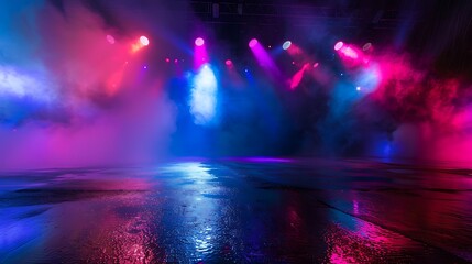 Abstract background. Dark empty stage, multi-colored rays of a neon searchlight, wet asphalt, smoke, night shooting, bokeh color. Generative Ai - obrazy, fototapety, plakaty