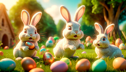 Obraz premium Several cute Easter bunnies are sitting on the lawn surrounded by Easter eggs and sweets.