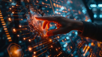 A close-up of a finger poised to touch a vibrant and dynamic digital interface with glowing circuits and futuristic technology.