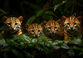  a group of ocelots agilely navigating the treetops, with one ocelot in sharp focus against a backdrop of lush green foliage