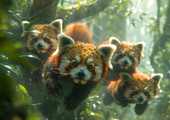 a group of red pandas agilely navigating the treetops, with one panda in sharp focus against a...
