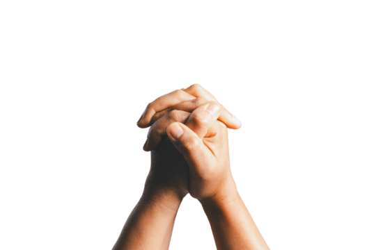 Female hands praying on a white isolated background, Asian woman stands in meditative pose, holds hands in praying gesture, has sense of inner peace, Isolated praying hands, Religion concept.