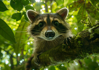 raccoons nimbly navigating the treetops, with one raccoon in sharp focus against a backdrop of lush green foliage