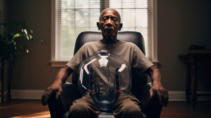 Fototapeta na wymiar An elderly man sits with a futuristic helmet, his face alight with anticipation and curiosity, introducing a sense of indoor intrigue and technological wonder.