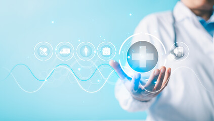 Doctor hold virtual medical network connection icons. Pandemic develop people awareness and spread...