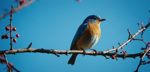 a blue bird sitting on a branch of a tree with red berries in the foreground and a blue sky in the background.